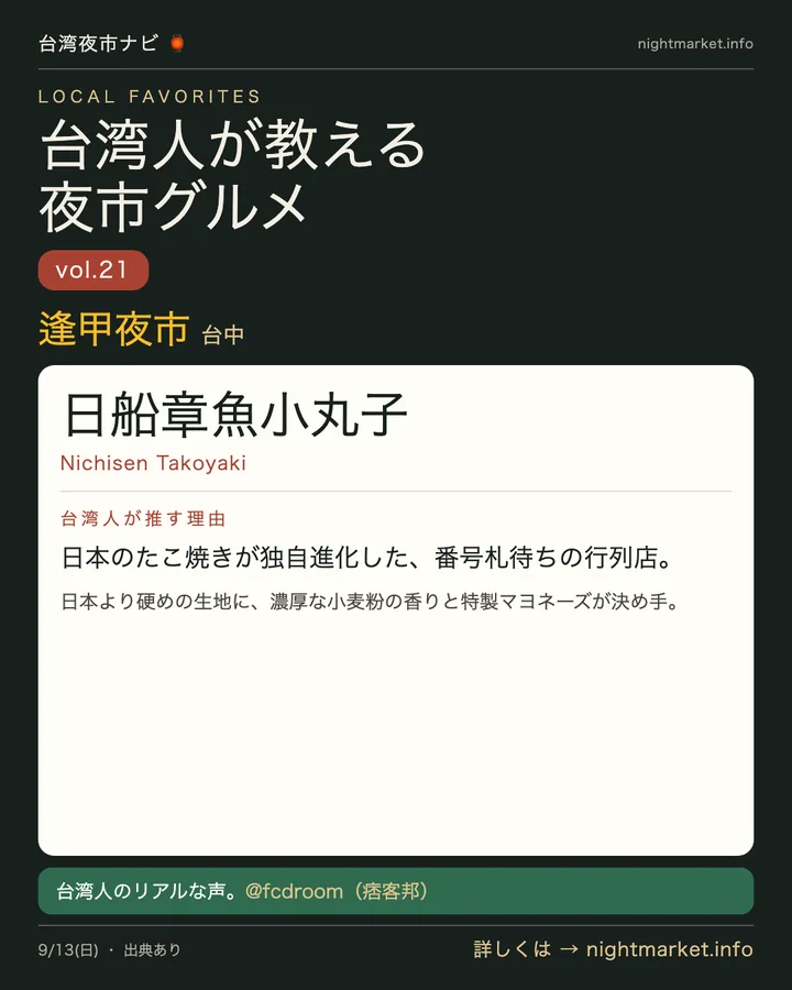 逢甲夜市の屋台「日船章魚小丸子」を紹介する𝕏投稿カード vol.21