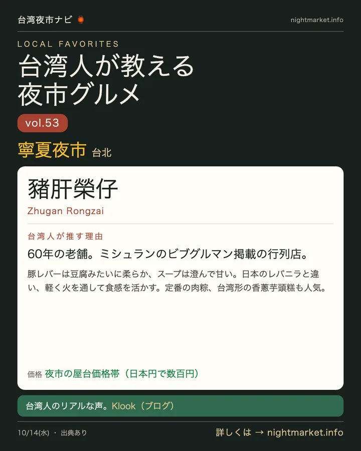 寧夏夜市の屋台「豬肝榮仔」を紹介する𝕏投稿カード vol.53