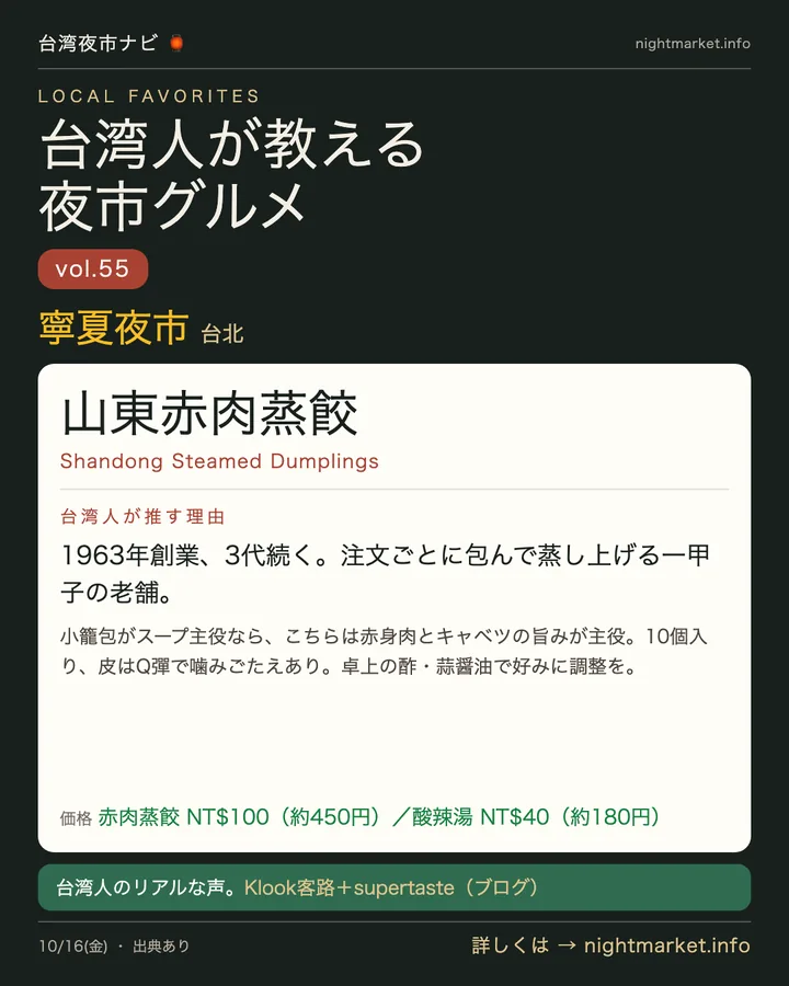寧夏夜市の屋台「山東赤肉蒸餃」を紹介する𝕏投稿カード vol.55