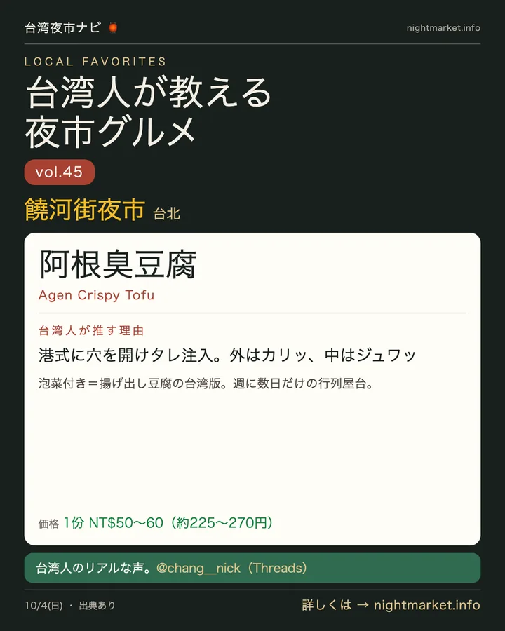 饒河街夜市の屋台「阿根臭豆腐」を紹介する𝕏投稿カード vol.45