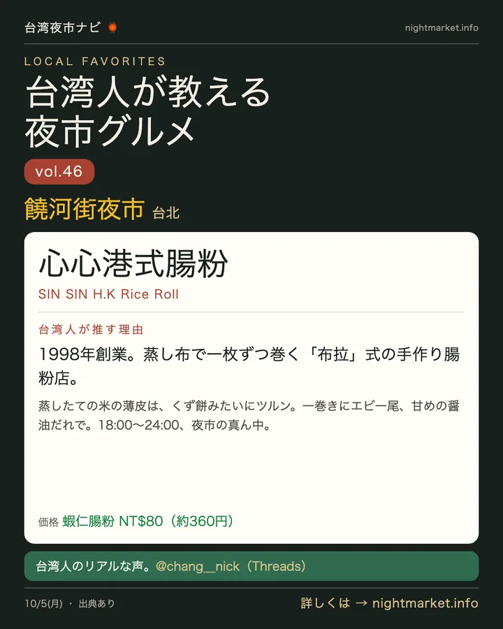 饒河街夜市の屋台「心心港式腸粉」を紹介する𝕏投稿カード vol.46