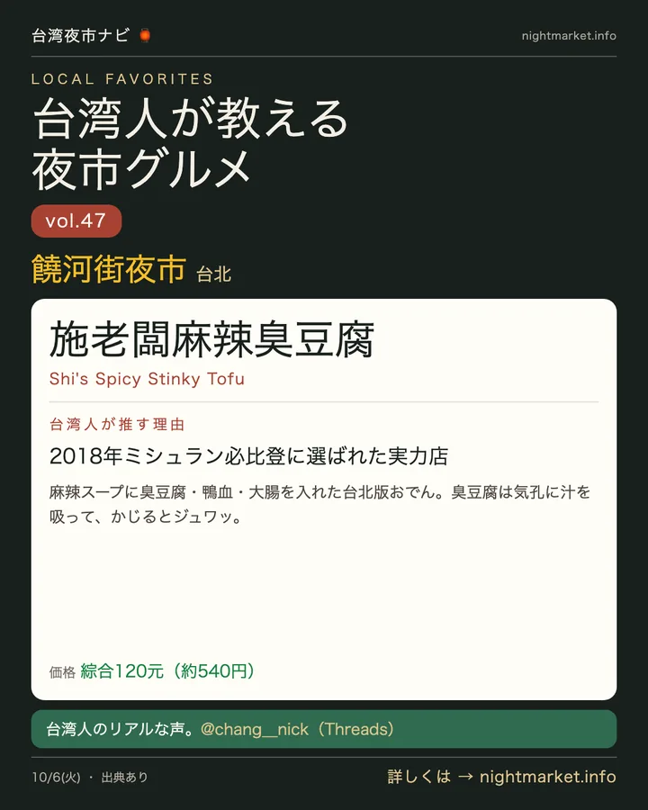 饒河街夜市の屋台「施老闆麻辣臭豆腐」を紹介する𝕏投稿カード vol.47