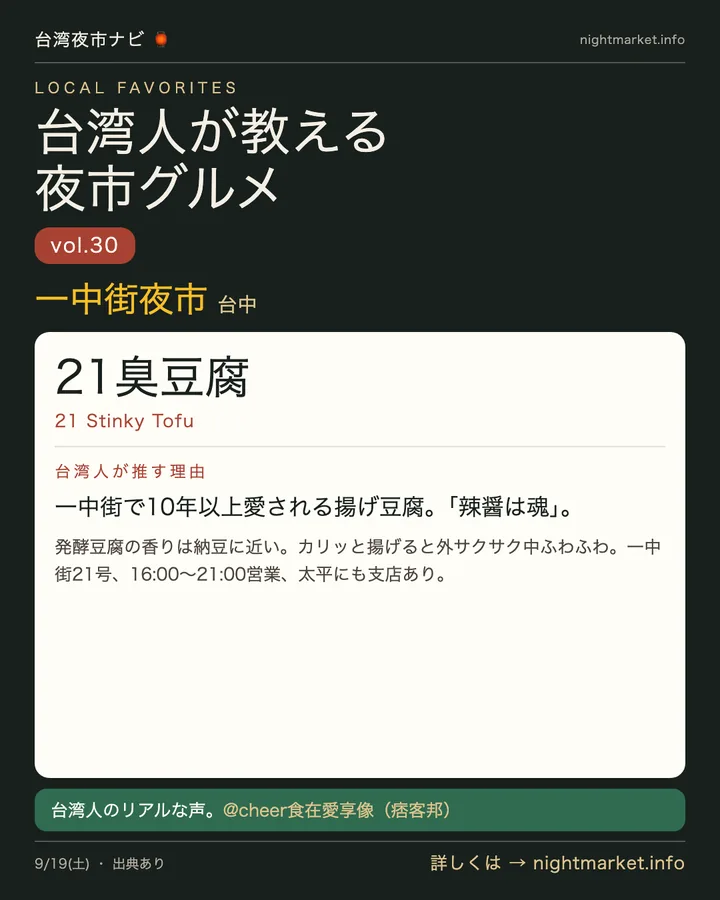 一中街商圏の屋台「21臭豆腐」を紹介する𝕏投稿カード vol.30