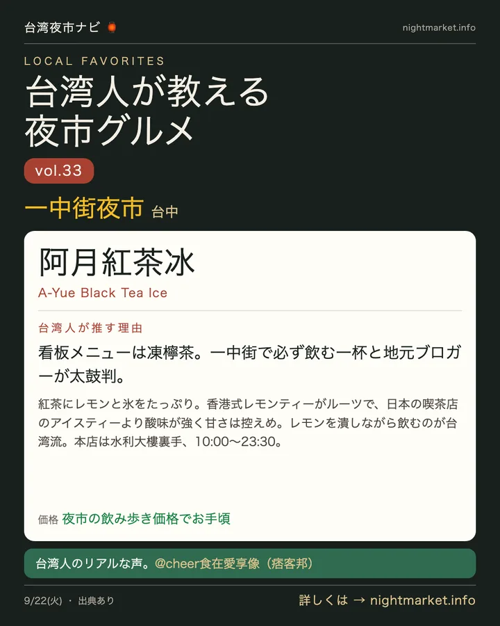 一中街商圏の屋台「阿月紅茶冰」を紹介する𝕏投稿カード vol.33