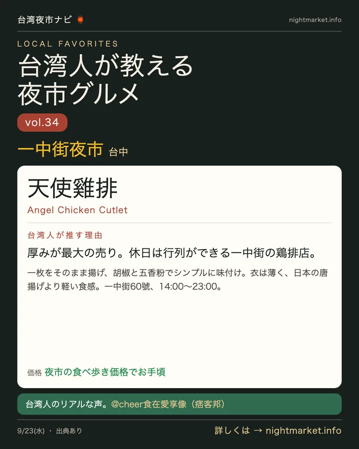 一中街商圏の屋台「天使雞排」を紹介する𝕏投稿カード vol.34