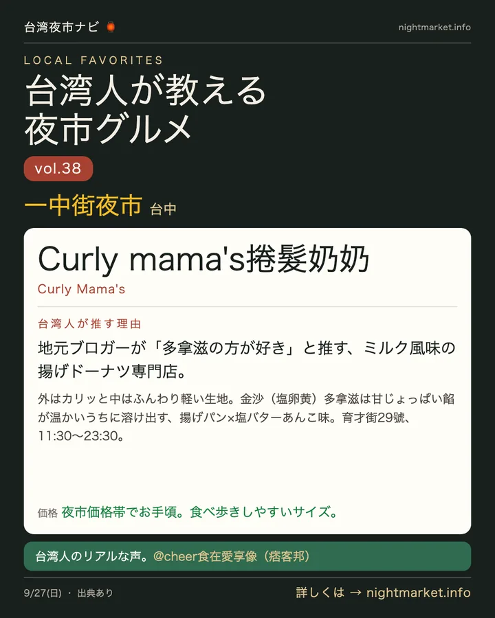 一中街商圏の屋台「Curly mama's捲髮奶奶」を紹介する𝕏投稿カード vol.38