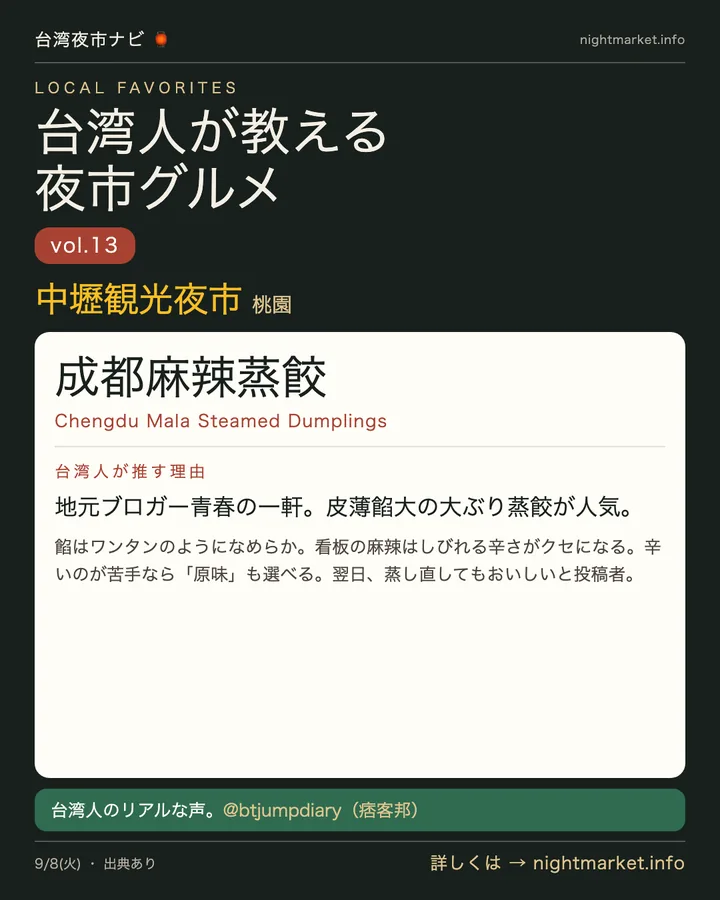 中壢夜市の屋台「成都麻辣蒸餃」を紹介する𝕏投稿カード vol.13