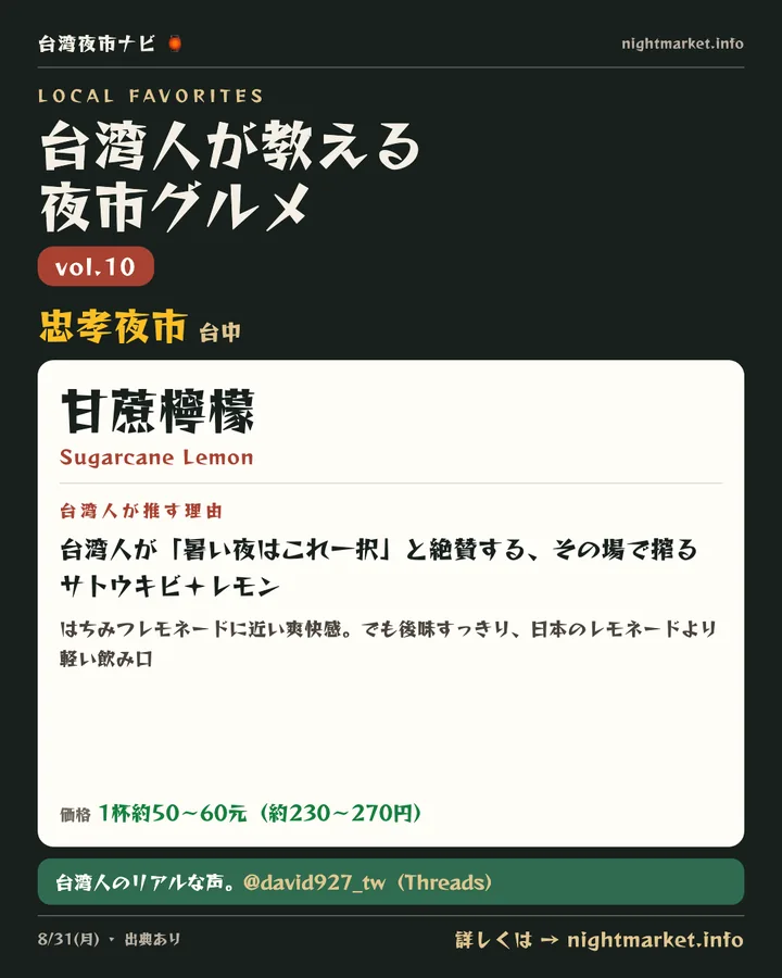 忠孝夜市（台中）の屋台「甘蔗檸檬」を紹介する𝕏投稿カード vol.10