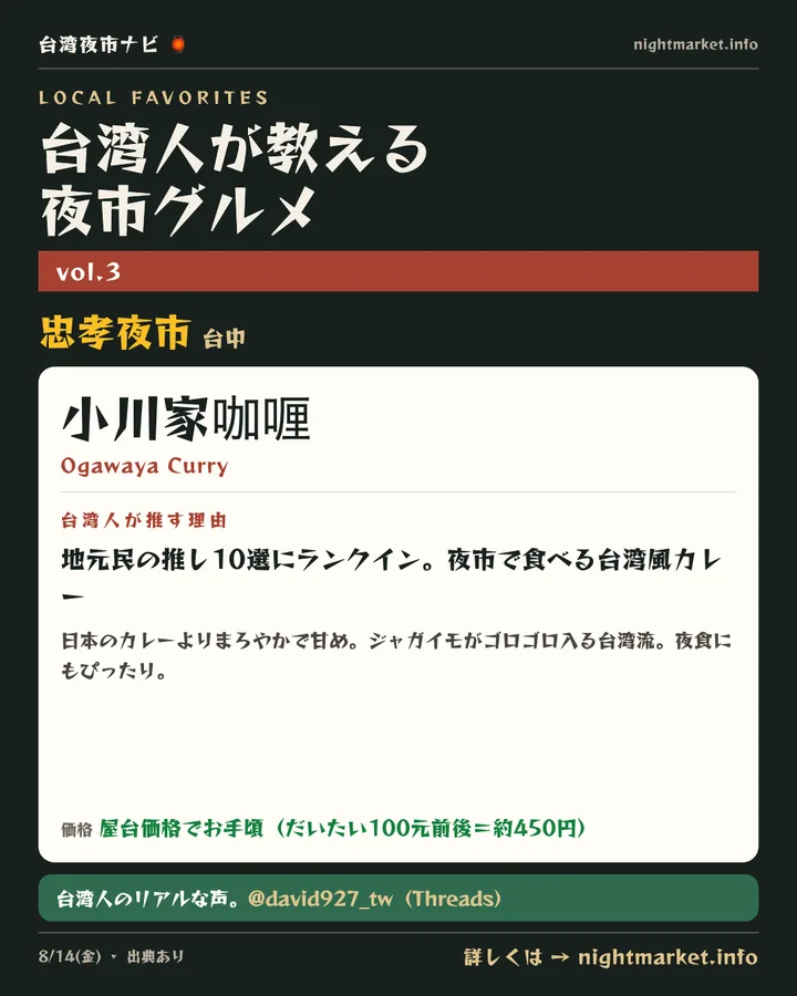 忠孝夜市（台中）の屋台「小川家咖喱」を紹介する𝕏投稿カード vol.3