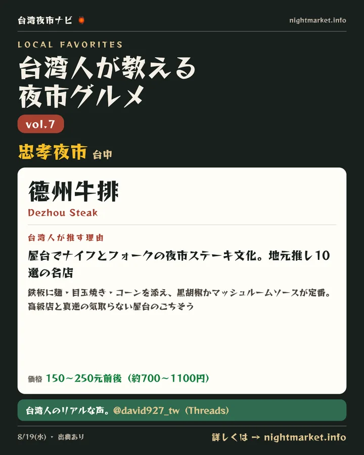 忠孝夜市（台中）の屋台「德州牛排」を紹介する𝕏投稿カード vol.7