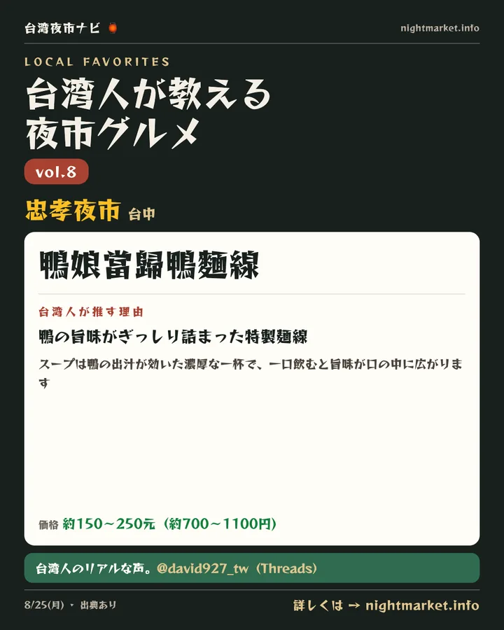 忠孝夜市（台中）の屋台「鴨娘當歸鴨麵線」を紹介する𝕏投稿カード vol.8